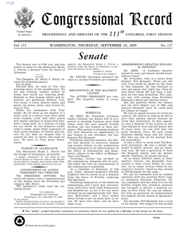 Congressional Record United States Th of America PROCEEDINGS and DEBATES of the 111 CONGRESS, FIRST SESSION