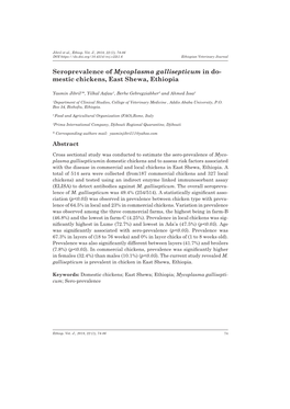 Seroprevalence of Mycoplasma Gallisepticum in Do- Mestic Chickens, East Shewa, Ethiopia