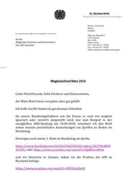 Mitgliederbrief März 2018 Liebe Parteifreunde, Liebe Förderer Und
