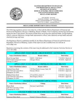 The Following Regulatory Actions Were Taken by Or Filed with the Illinois Department of Financial and Professional Regulation, D