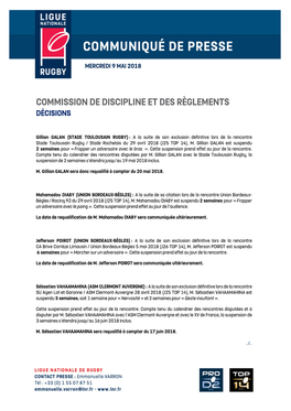 Commission De Discipline Et Des Règlements Décisions