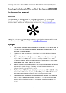 Knowledge Institutions in Africa and Their Development 1960-2020 the Comoros (And Mayotte) Highlights