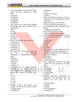 Daily Current Affairs Quiz : 28 February 2021