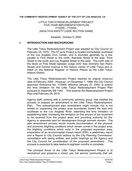 Little Tokyo Redevelopment Project Five-Year Implementation Plan Fy2000 – Fy2004 [Health & Safety Code Section 33490]