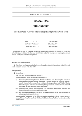 The Railways (Closure Provisions) (Exemptions) Order 1996