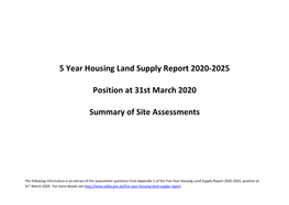 5 Year Housing Land Supply Report 2020‐2025 Position at 31St March