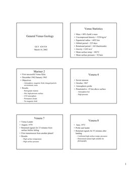 General Venus Geology Venus Statistics Mariner 2 Venera 4