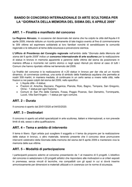 Bando Di Concorso Internazionale Di Arte Scultorea Per La “Giornata Della Memoria Del Sisma Del 6 Aprile 2009”