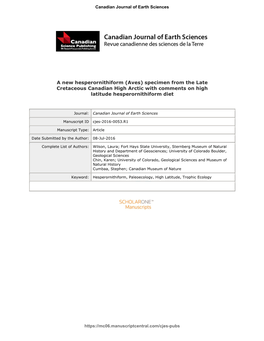 Specimen from the Late Cretaceous Canadian High Arctic with Comments on High Latitude Hesperornithiform Diet