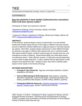 EXPERIMENTS Egg Size Plasticity in Bean Beetles
