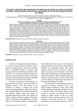 Fecundity Variation and Abundance of Female Blue Crabs Callinectes Sapidus Rathbun, 1896 (Decapoda, Brachyura, Portunidae) in the Patos Lagoon Estuary, Rs, Brazil