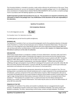 Quickvue TLI Lactoferrin Test Page 1 of 15 Sample and Gold Conjugate Migrate by Capillary Action When the Sample Is Added to the Well