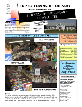 CURTIS TOWNSHIP LIBRARY When You Can Borrow FRIENDS of the LIBRARY NEWSLETTER