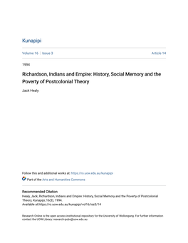 Richardson, Indians and Empire: History, Social Memory and the Poverty of Postcolonial Theory