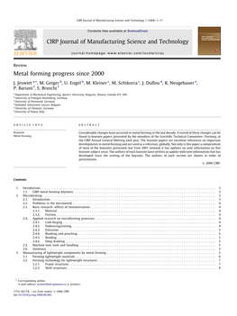 Metal Forming Progress Since 2000 CIRP Journal of Manufacturing