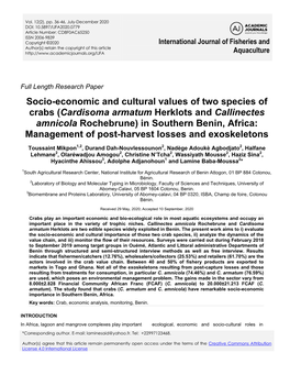 Cardisoma Armatum Herklots and Callinectes Amnicola Rochebrune) in Southern Benin, Africa: Management of Post-Harvest Losses and Exoskeletons