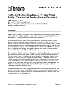 Traffic and Parking Regulations - Pioneer Village Station (Toronto-York Spadina Subway Extension)