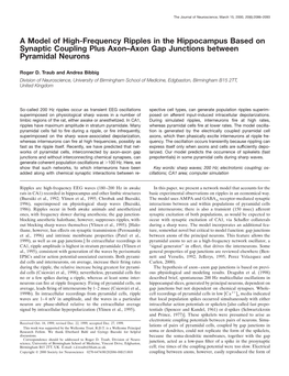 A Model of High-Frequency Ripples in the Hippocampus Based on Synaptic Coupling Plus Axon–Axon Gap Junctions Between Pyramidal Neurons