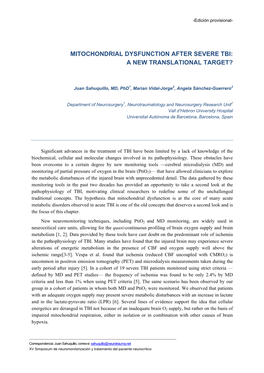 Mitochondrial Dysfunction After Severe Tbi: a New Translational Target?