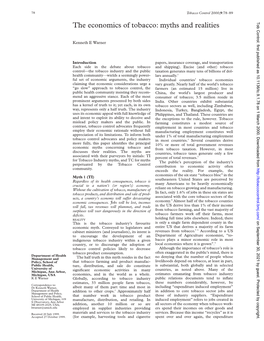 The Economics of Tobacco: Myths and Realities Tob Control: First Published As 10.1136/Tc.9.1.78 on 1 March 2000