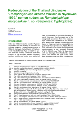 Ramphotyphlops Ozakiae Wallach in Niyomwan, 1999,” Nomen Nudum, As Ramphotyphlops Mollyozakiae N