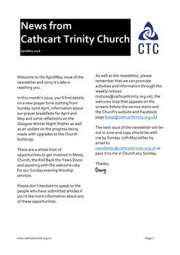 News from Cathcart Trinity Church