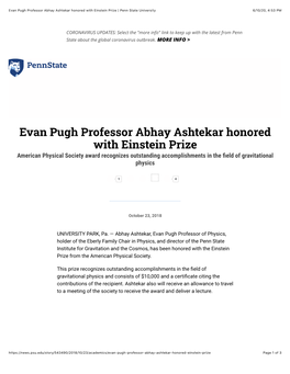 Evan Pugh Professor Abhay Ashtekar Honored with Einstein Prize | Penn State University 6/10/20, 4:53 PM