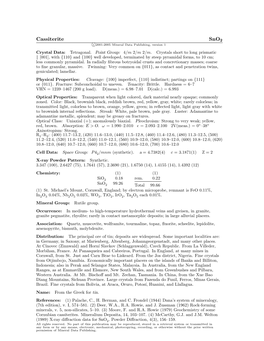 Cassiterite Sno2 C 2001-2005 Mineral Data Publishing, Version 1 Crystal Data: Tetragonal