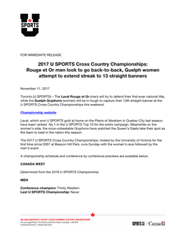 2017 U SPORTS Cross Country Championships: Rouge Et Or Men Look to Go Back-To-Back, Guelph Women Attempt to Extend Streak to 13 Straight Banners