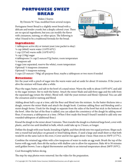 PORTUGUESE SWEET BREAD Makes 2 Loaves by Dennis W
