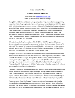 Central Control for ENIAC by Adele K. Goldstine, July 10, 1947 2014