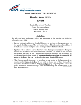 BOARD of DIRECTORS MEETING Thursday, August 28, 2014 5:30 PM