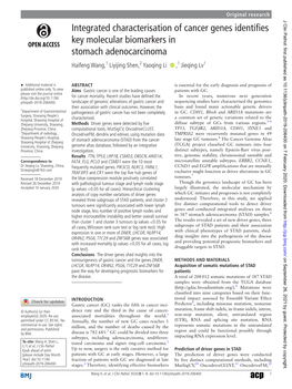 Integrated Characterisation of Cancer Genes Identifies Key Molecular Biomarkers in Stomach Adenocarcinoma Haifeng Wang,1 Liyijing Shen,2 Yaoqing Li ‍ ,1 Jieqing Lv1