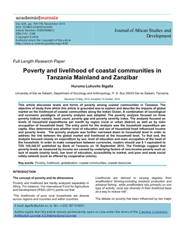Poverty and Livelihood of Coastal Communities in Tanzania Mainland and Zanzibar