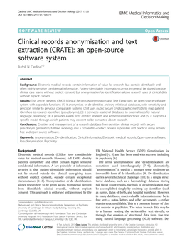 Clinical Records Anonymisation and Text Extraction (CRATE): an Open-Source Software System Rudolf N