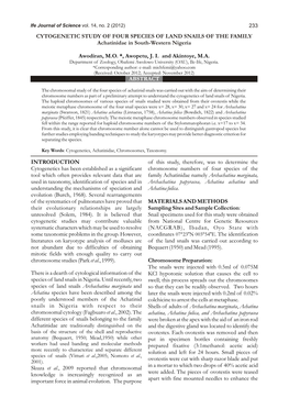 CYTOGENETIC STUDY of FOUR SPECIES of LAND SNAILS of the FAMILY Achatinidae in South-Western Nigeria