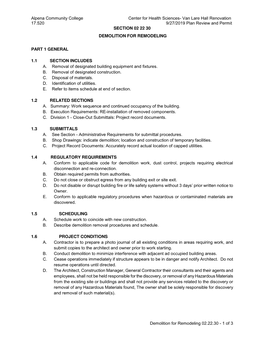 Van Lare Hall Renovation 17.520 9/27/2019 Plan Review and Permit SECTION 02 22 30 DEMOLITION for REMODELING