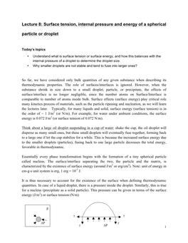 Lecture 8: Surface Tension, Internal Pressure and Energy of a Spherical Particle Or Droplet