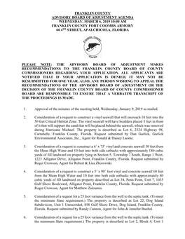 Board of Adjustment Agenda Wednesday, March 6, 2019 10:00 Am Franklin County Fort Coombs Armory 66 4Th Street, Apalchicola, Florida