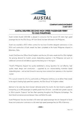 Austal Delivers Second High Speed Passenger Ferry to 2Go Philippines