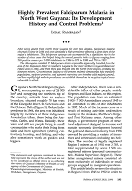 Highly Prevalent Falciparum Malaria in North West Guyana: Its Development History and Control Problems1