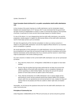 Lijnden, December 6Th Input Corendon Dutch Airlines B.V. on Public Consultation Draft Traffic Distribution Rule in the Minutes O