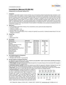 Lactoferrin (Mouse) ELISA Kit Rev09/19