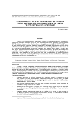 Tourism Industry: the Road Ahead Shaping the Future of Youth’S and Tribals of Jharkhand State in the Land of “Dharti Aba” Bhagwan Birsa Munda