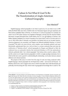 Culture Is Not What It Used to Be: the Transformation of Anglo-American Cultural Geography Don Mitchell