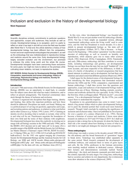 Inclusion and Exclusion in the History of Developmental Biology Nick Hopwood