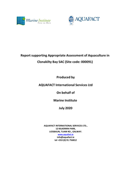 Report Supporting Appropriate Assessment of Aquaculture in Clonakilty Bay SAC (Site Code: 000091)