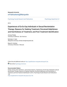 Experiences of Ex-Ex-Gay Individuals in Sexual Reorientation Therapy