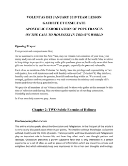 Voluntas Dei January 2019 Team Lesson Gaudete Et Exsultate Apostolic Exhortation of Pope Francis on the Call to Holiness in Today’S World