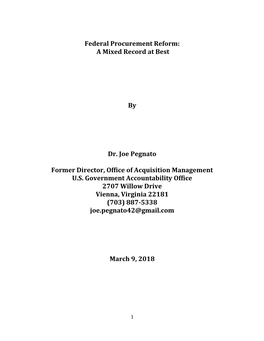 Federal Procurement Reform: a Mixed Record at Best by Dr. Joe Pegnato